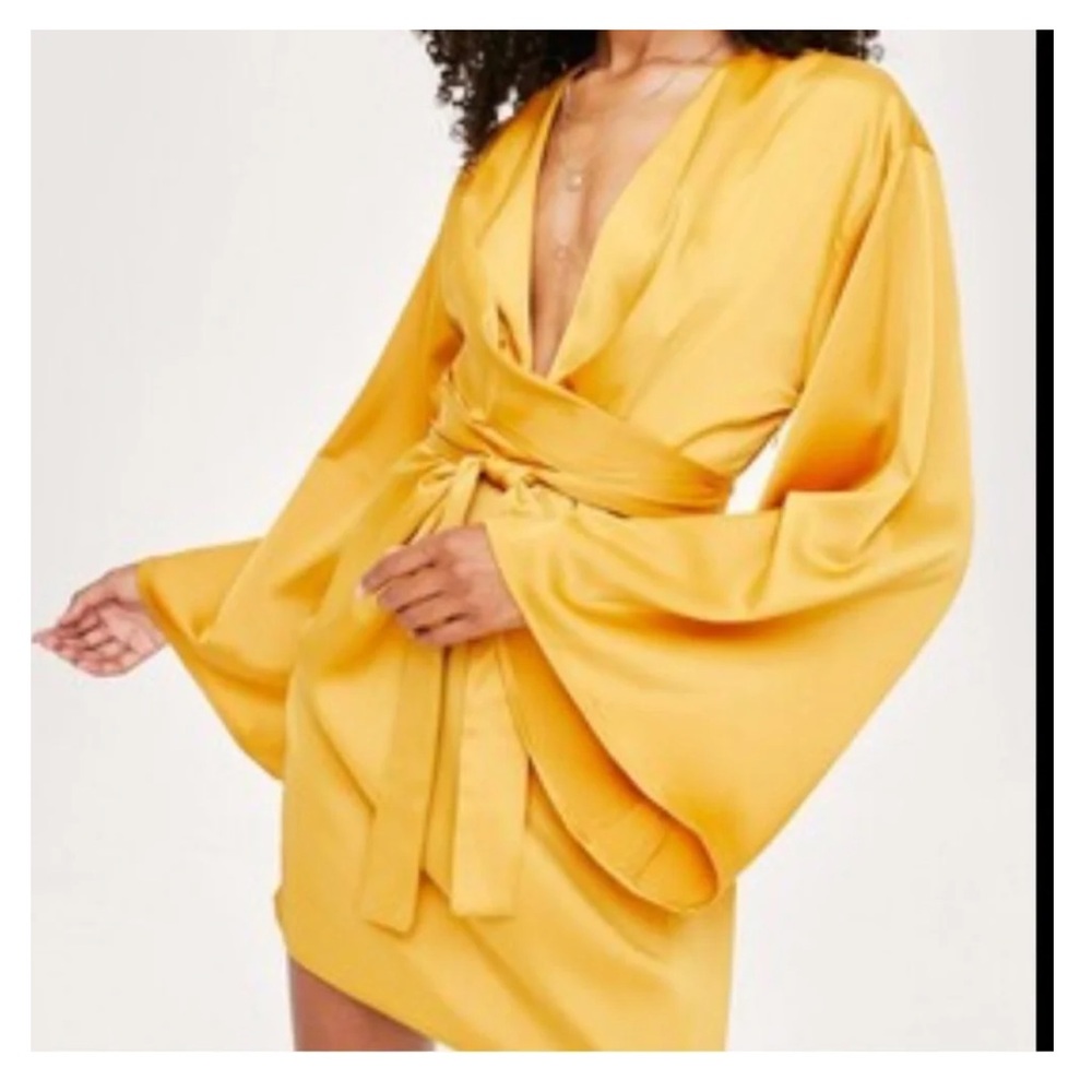 Nasty Gal Plus Satin deep V Tie Front Mini Kimono Dress Green US 14 NWT - Picture 11 of 12